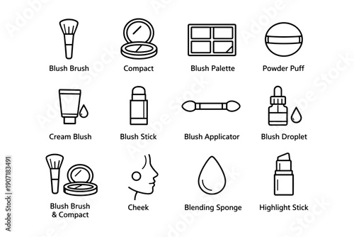 Cosmetic tools and makeup: brushes, compacts, blushes, sponges, sticks, droplets