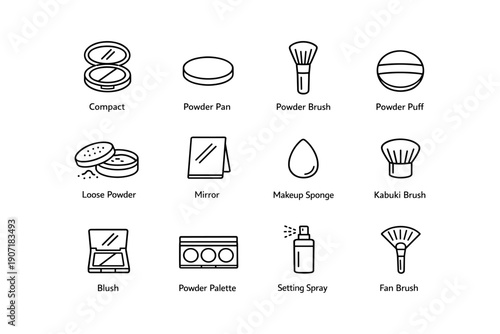 Makeup icon set: brushes, blush, and compact illustrations for beauty enthusiasts