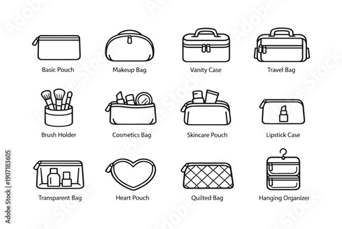 Various makeup and travel bags line art collection