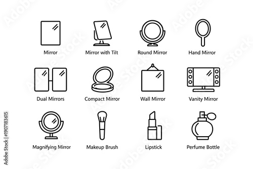 Variety of mirror and makeup tools icons set