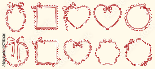 Scalloped heart frames set with hand drawn ribbon bows and decorative borders in a pink doodle style for Valentine's Day cards, romantic wedding stationery and cute vector illustrations.