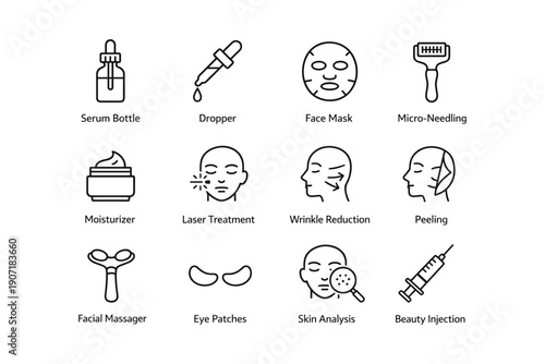 Skincare tools and treatments icons set: serum, droppers, masks, microneedling, and more