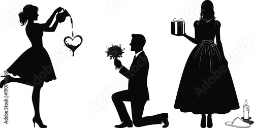 Romantic love silhouette collection showing proposal, gift giving, and heart symbols, elegant black female and male figures representing marriage, Valentine’s Day, and relationship concepts
