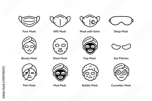 Variety of facial masks and treatments icons for skincare and wellness