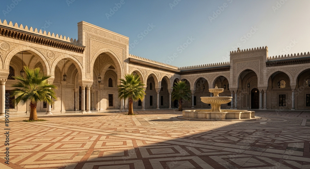Fototapeta premium Historic Islamic Mosque Courtyard Featuring Ornate Arches, a Serene Fountain, and Sunny Sky