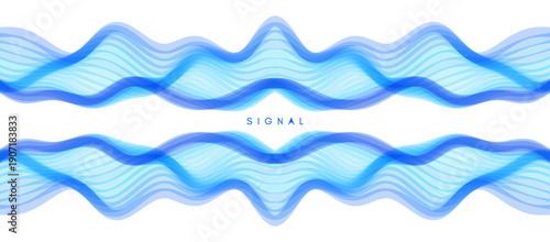 An abstract dynamic template with wavy, curved ribbons. A sound wave or audio signal. Gradient colour. 3D vector illustration for a brochure, poster, presentation, flyer, or banner.