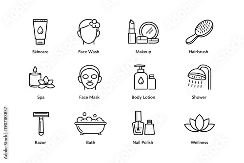 Skincare and wellness icons: makeup, spa, bath, nail polish, shower