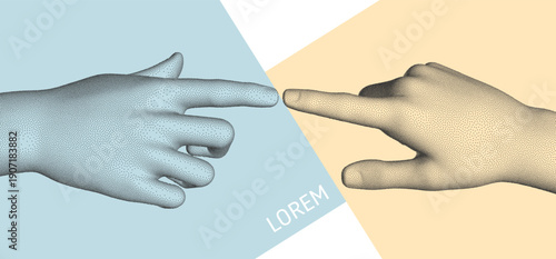 The index fingers of both hands reach towards each other. Concept of relationship, unity, partnership or contact. Design for banner, flyer, poster, cover or brochure.