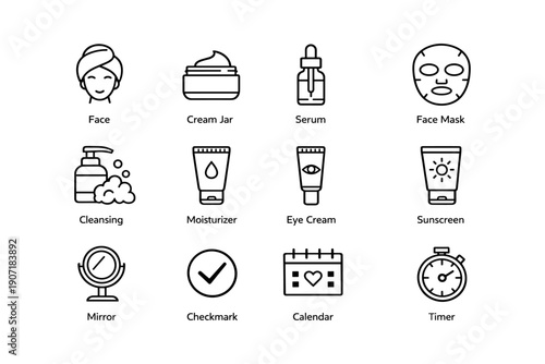 Skincare icons set: face, cream jar, serum, face mask, cleansing