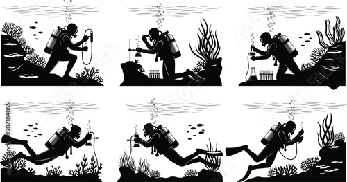 Scuba diver underwater research silhouettes marine science exploration cad drawing flat vector illustration isolated black shapes ocean collection set
