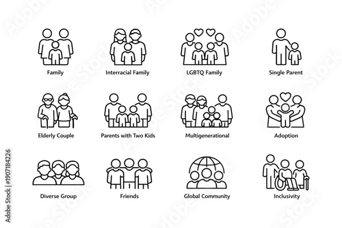 Inclusive family symbols: diverse, lgbtq, multigenerational, adoption, community icons