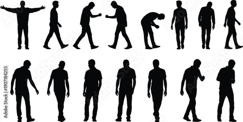 Set of walking standing male people silhouettes different poses casual men collection isolated on white cad drawing flat vector illustration