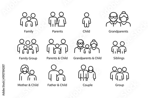 Family icons: parents, children, grandparents, siblings, couples