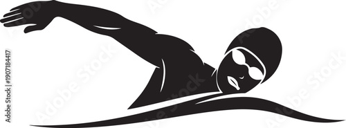 Black silhouette of a swimmer with goggles and swim cap in water swimming black and white des