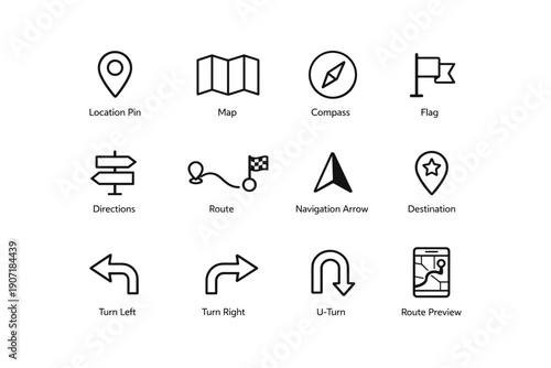 Navigation icons set: map, compass, flag, route, destination, directions