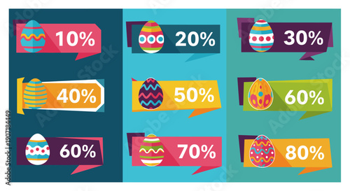 Colorful easter eggs with percentage discounts displayed on a vibrant teal background