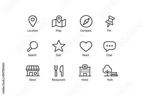 Navigation and places icons: map, compass, pin, search, star, heart, store, restaurant, hotel, park