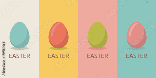 Colorful easter eggs in pastel shades arranged in a row on vibrant backgrounds