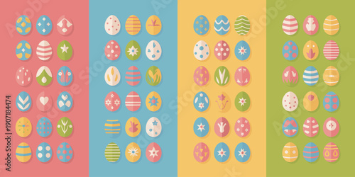 Colorful collection of decorated easter eggs arranged in four vertical columns on pastel backgrounds