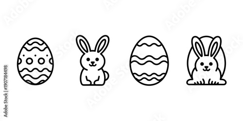 Collection of four adorable easterthemed illustrations featuring decorated eggs and cute rabbits