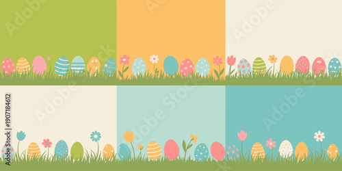 Colorful easter eggs and flowers arranged in a whimsical pattern on pastel backgrounds