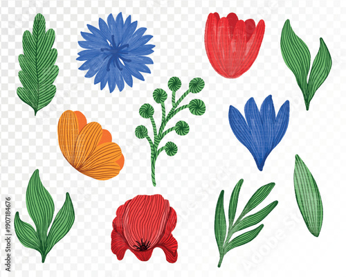 Watercolor floral elements set with colorful flowers buds and green leaves, hand painted botanical illustration collection for spring and summer design isolated on transparent background. Vector