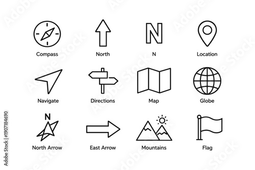 Navigation symbols: compass, arrows, map, globe, directions icons