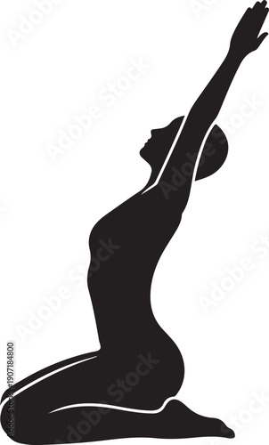 Black silhouette of a woman in a yoga pose with arms raised white
