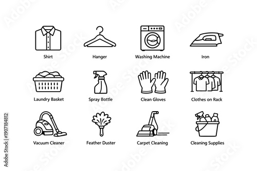 Essential laundry and cleaning icons: shirt, hanger, washing machine, iron, vacuum, supplies