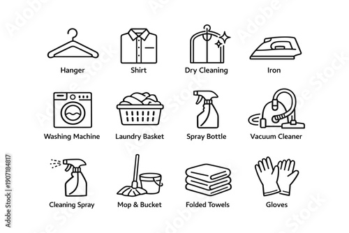 Laundry and cleaning icons: hanger, shirt, iron, washing machine, vacuum, gloves