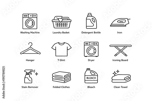 Home laundry essentials icons: machines, baskets, detergents, hangers, and more