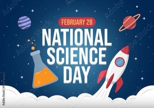 National Science Day design with a rocket is rising and chemical test tube and planet