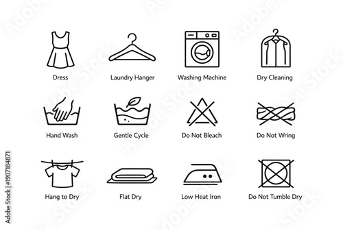 Laundry care icons: washing machine, dry cleaning, ironing, hand wash, do not bleach