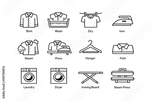 Laundry symbols: shirt, wash, dry, ironing, folding, and laundry equipment icons