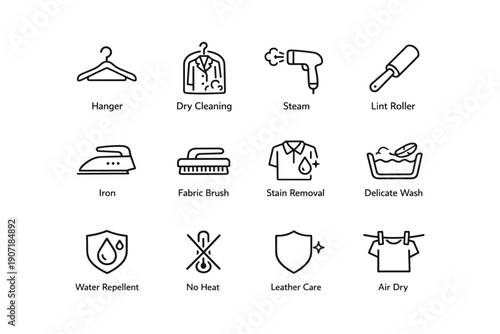 Laundry and garment care icons: hanger, dry cleaning, steam, lint roller, iron, fabric brush, stain removal, delicate wash, water repellent, no heat, leather care, air dry