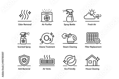 Odor removal and air purification icons: spray, ozone, steam, eco-friendly cleaning