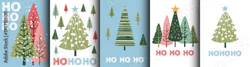 Christmas Tree greeting cards background, banner, flyer big set. HO HO HO text Happy holidays posters, Template for advertising, web, social media, web frame typography design. 