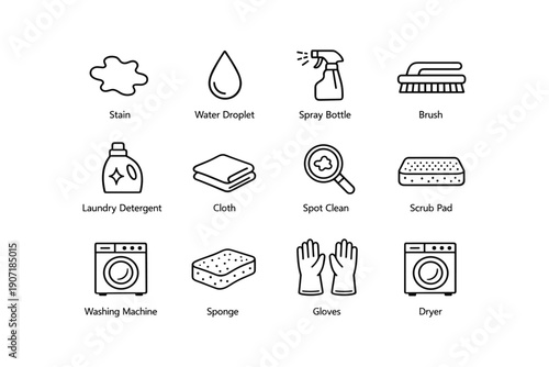 Laundry icon set featuring stain, detergent, washing machine, and cleaning tools