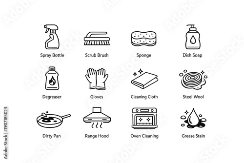 Household cleaning tools and supplies icons for kitchen and home maintenance