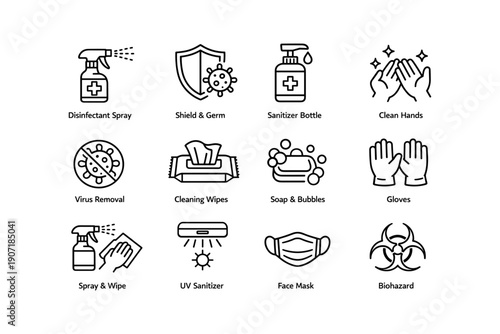 Cleanliness icons: sanitizer, soap, gloves, disinfectant, biohazard, uv