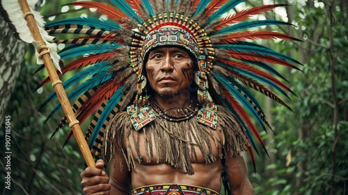 4k video of a native american person. Concept of aztec and maya culture.