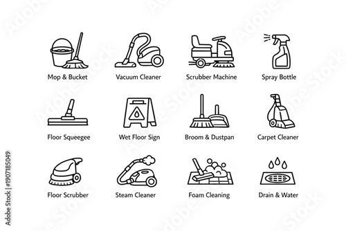 Cleaning equipment icons: mop, vacuum, scrubber, spray bottle, broom