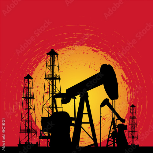 oil pump Rig, gas rig, oil depot, refinery on  red sunset round button icon vector 