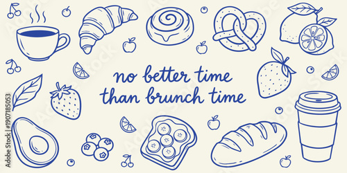 Brunch food doodle icons background vector with hand drawn breakfast snacks drinks and bakery elements sketch style illustration for cafe menu poster print use