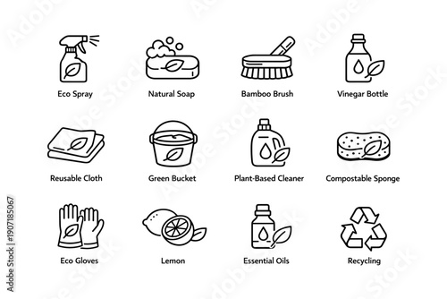 Eco-friendly cleaning icons: sustainable tools and natural ingredients
