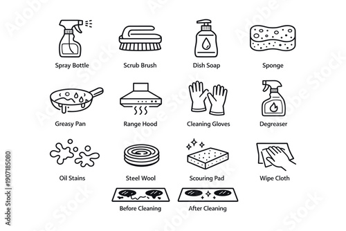 Cleaning icons set: spray bottle, scrub brush, dish soap, sponge, gloves, degreaser