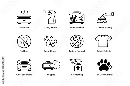 Air purifier icons: odor removal and cleaning symbols vector set