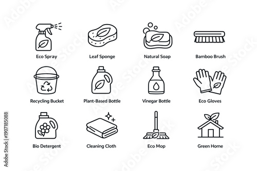 Eco-friendly cleaning icons set: spray, brush, detergent, gloves, green home designs