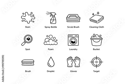 Cleaning icons collection: stain, spray bottle, scrub brush, cleaning cloth, laundry tools