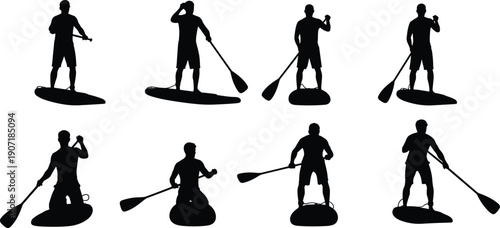 Stand up paddle boarding silhouettes set water sport summer activity cad drawing flat vector illustration isolated black shapes collection